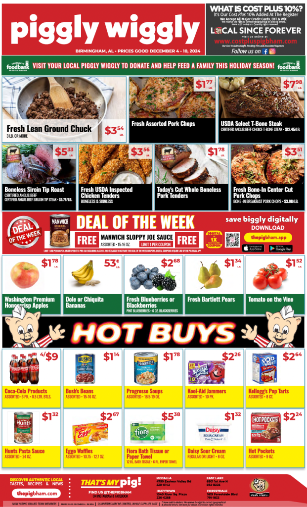 Piggly Wiggly weekly ad for December 4-10, 2024, showcasing discounts on fresh meats, produce, pantry staples, and hot buys like Manwich Sloppy Joe Sauce, Coca-Cola products, and Kellogg's Pop-Tarts. Cost Plus 10% pricing applies.